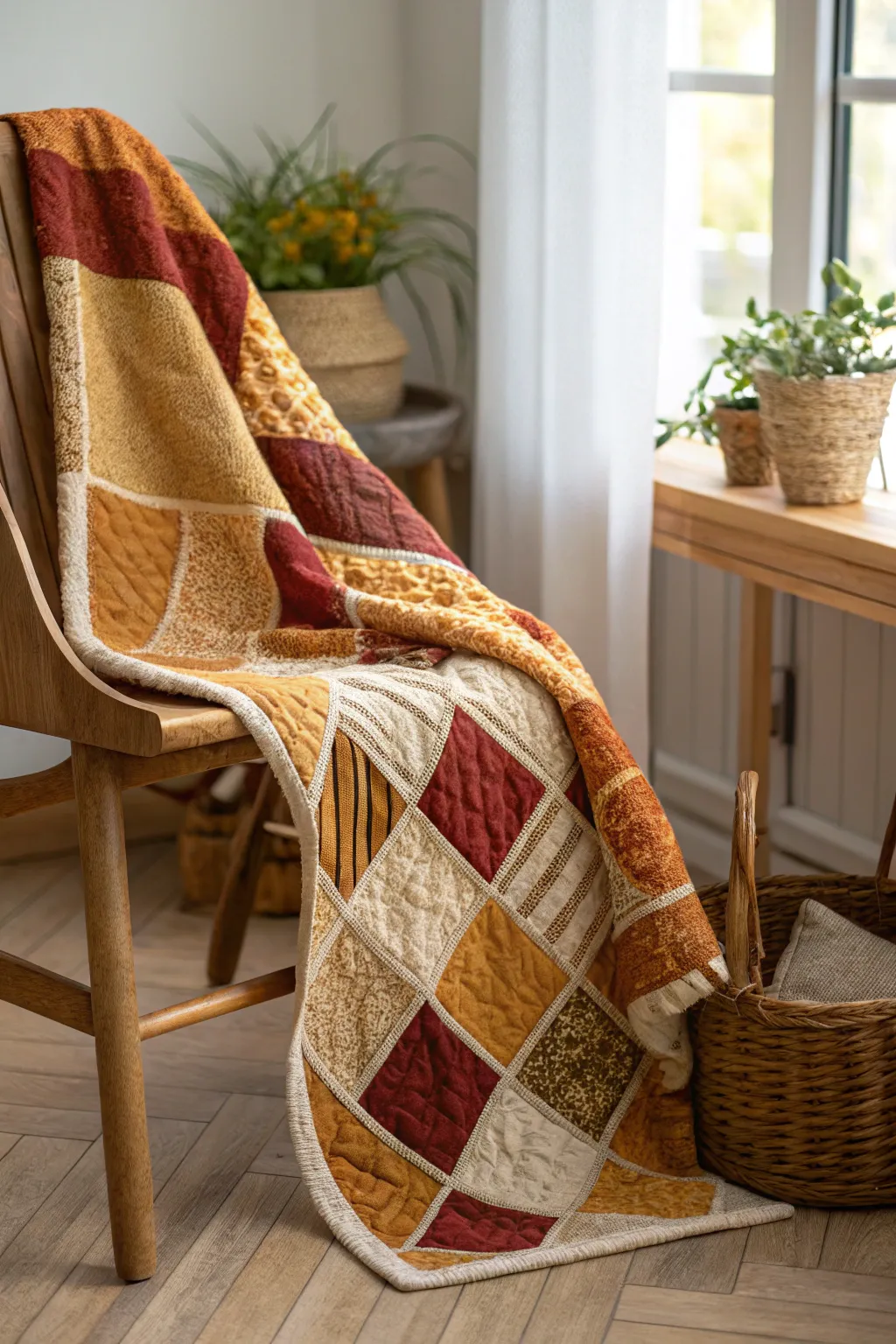Embrace the cozy charm of fall with a quilt that blends rustic textures and natural beauty.