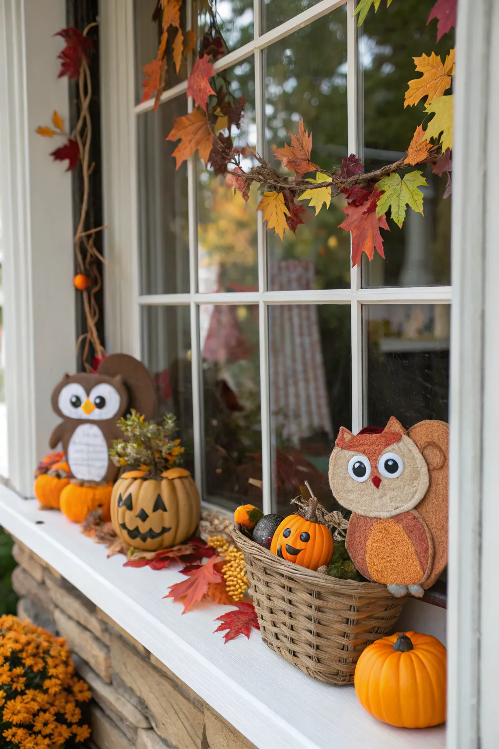 Whimsical characters add charm to autumn window decor.