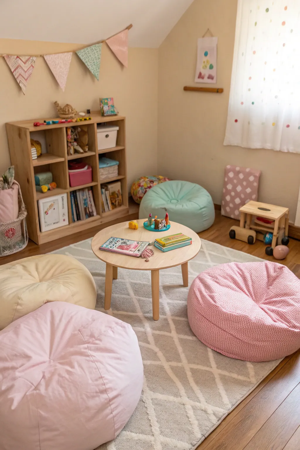 Cozy bean bags and floor cushions for a relaxing playroom atmosphere.