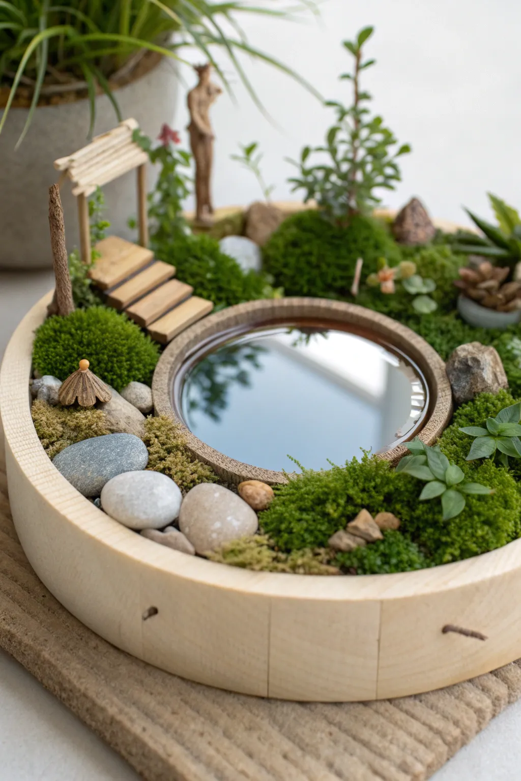 Embrace serenity with a handcrafted miniature pond, where simplicity meets natural beauty.