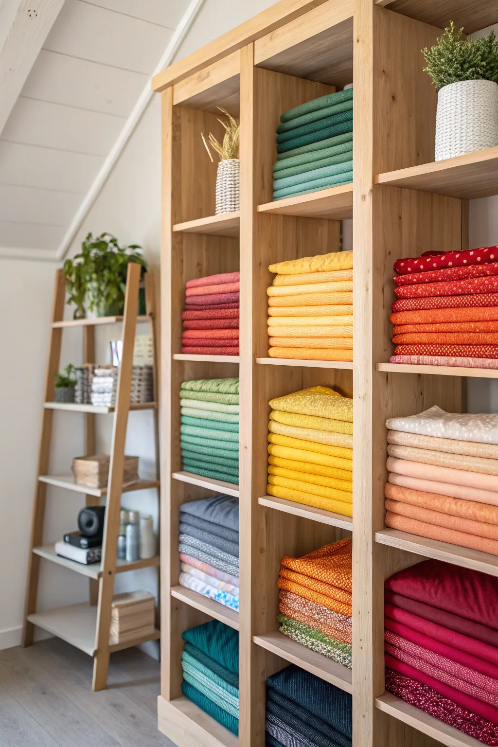 Transform your bookshelf into a vibrant fabric library with colorful fat quarters beautifully organized by hue!