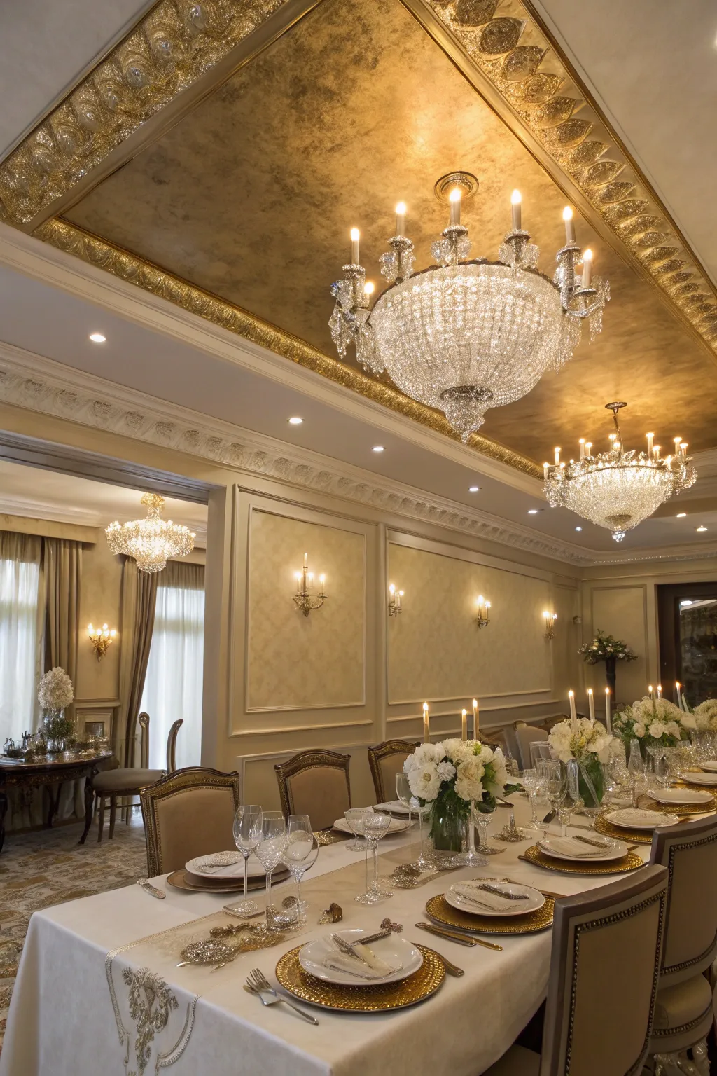 Metallic finishes bring a touch of glamour to your faux tray ceiling.