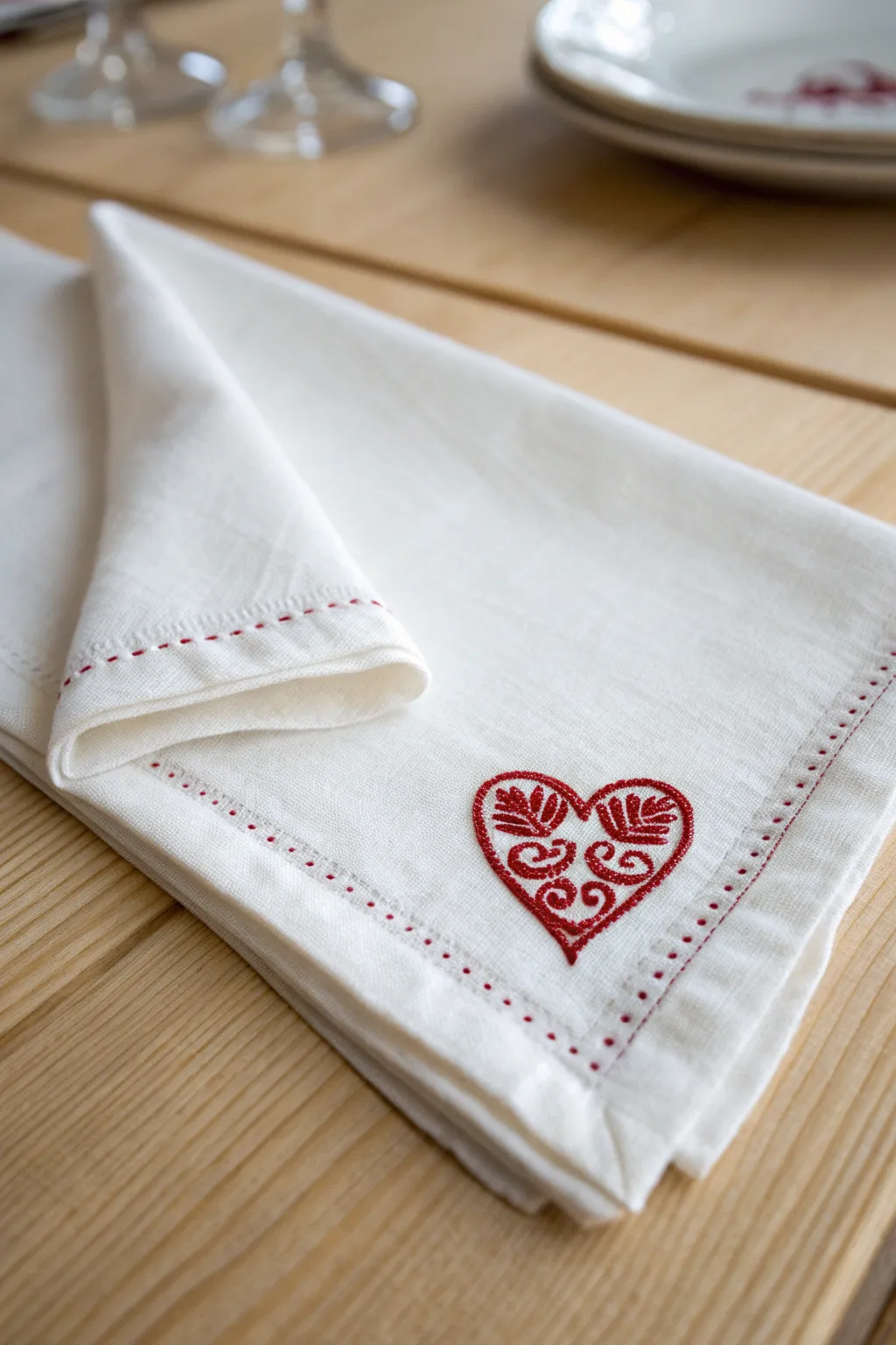 Add a touch of love to your dining experience with heart-embroidered napkins.