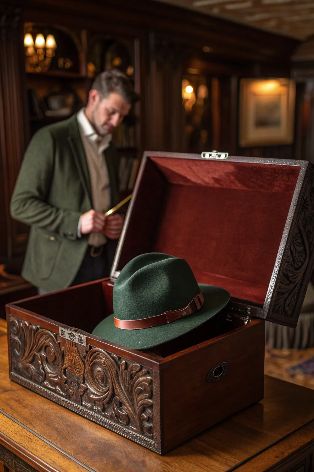 Gift elegance redefined: A fedora presented in a handcrafted mahogany hat box.