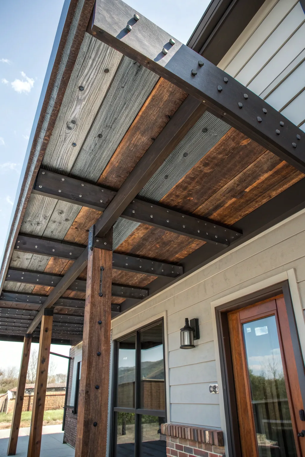 Elevate your porch with an industrial chic roof that combines raw metal and rich wood for a bold statement.