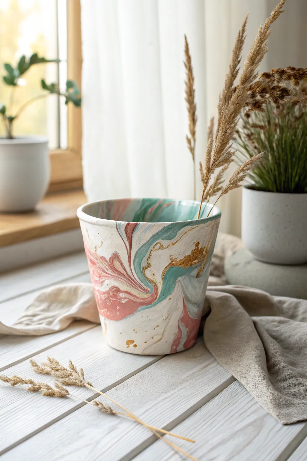 Elevate your space with the unique charm of abstract pour art on a flower pot. 🌿🎨 #ScandiBoho #CraftedElegance