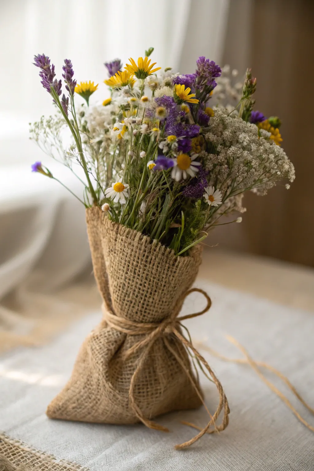 Embrace rustic elegance with a burlap-wrapped wildflower bouquet. 🌿✨