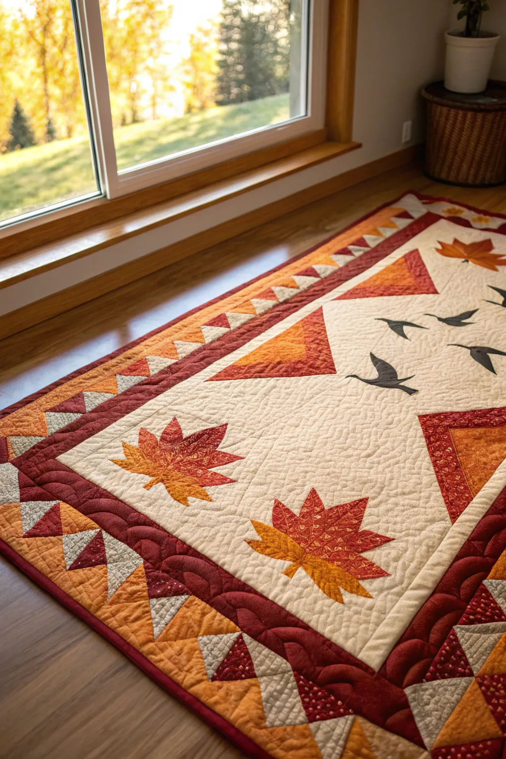 Flying geese borders in warm autumn hues for a cozy ambiance.