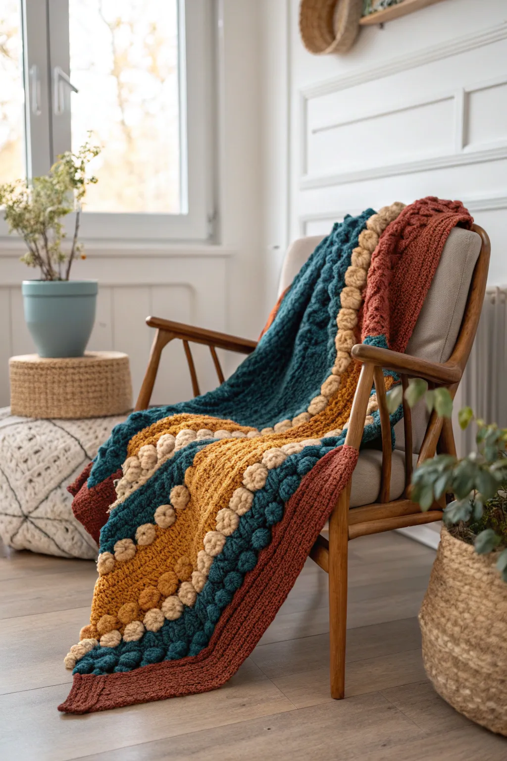 Embrace the cozy elegance of this textured bobble stitch blanket, perfect for adding warmth and charm to any minimalist space.
