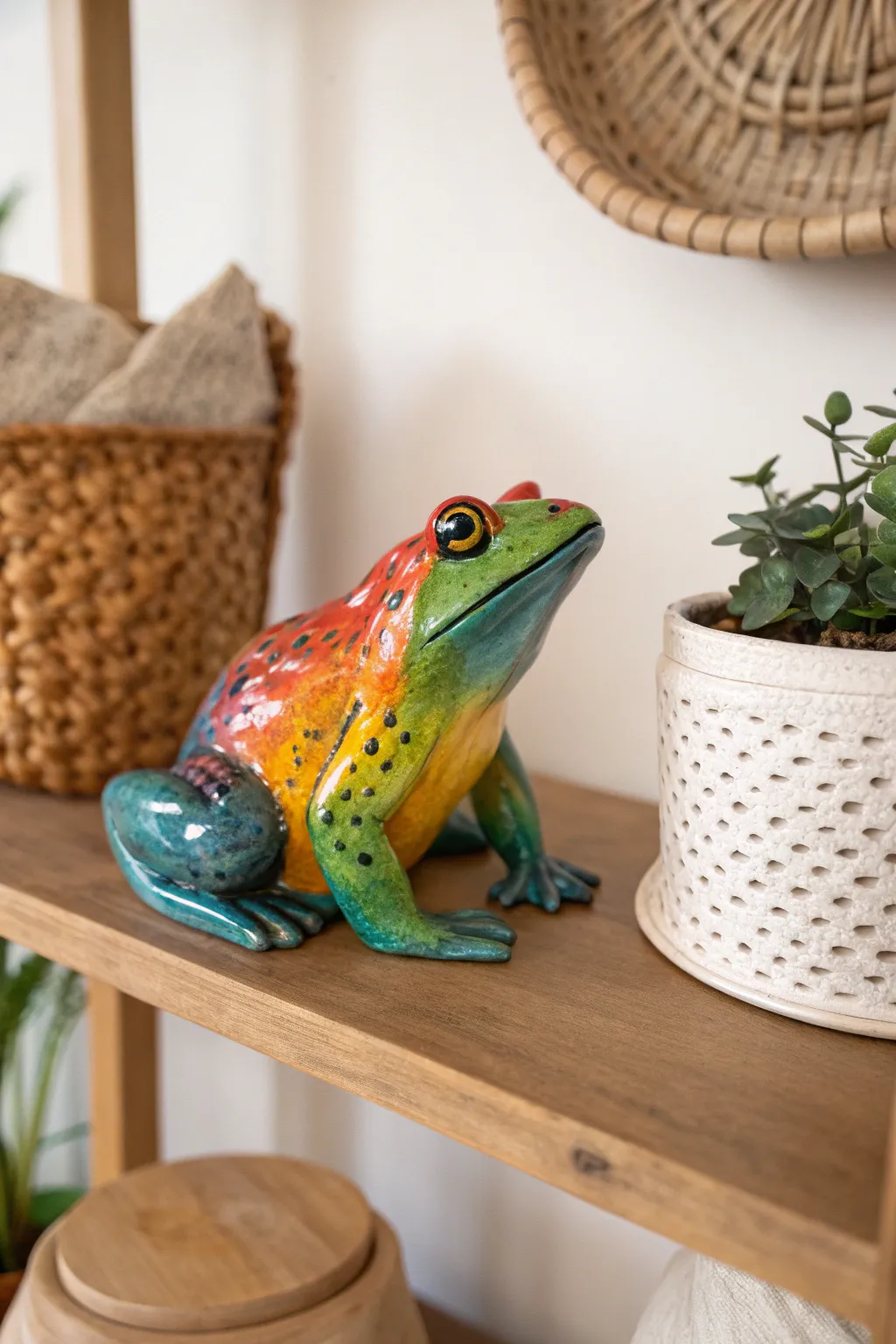 Add a splash of color to your decor with this vibrant frog pottery masterpiece!