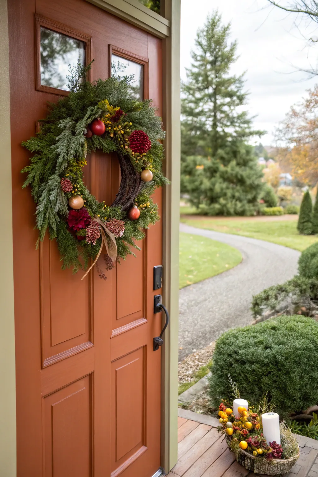 A decorative wreath adds a personal touch to your front stoop.