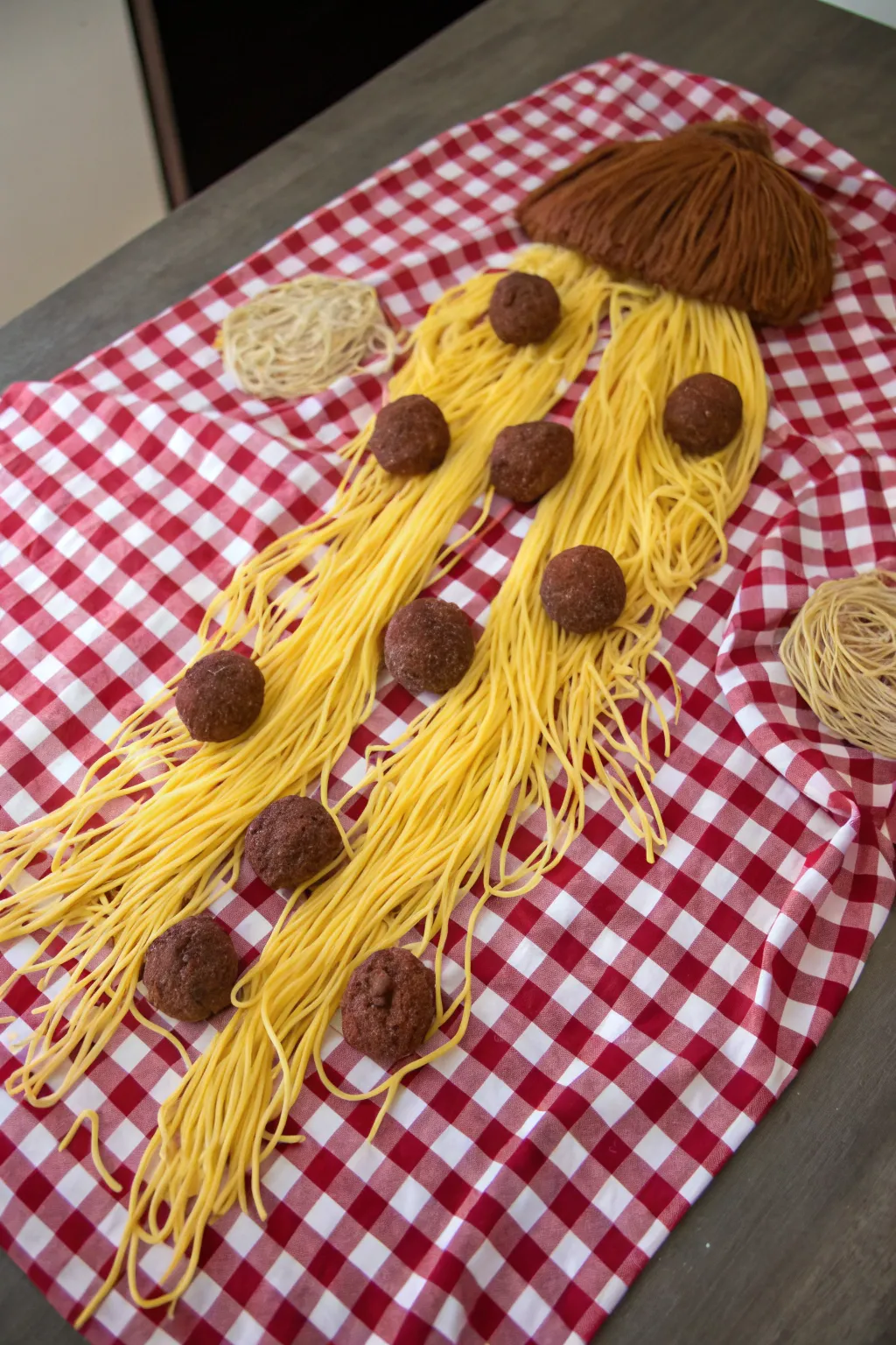 Indulge in the whimsy of this spaghetti and meatballs costume – a deliciously funny creation that blends minimalist charm with boho flair!