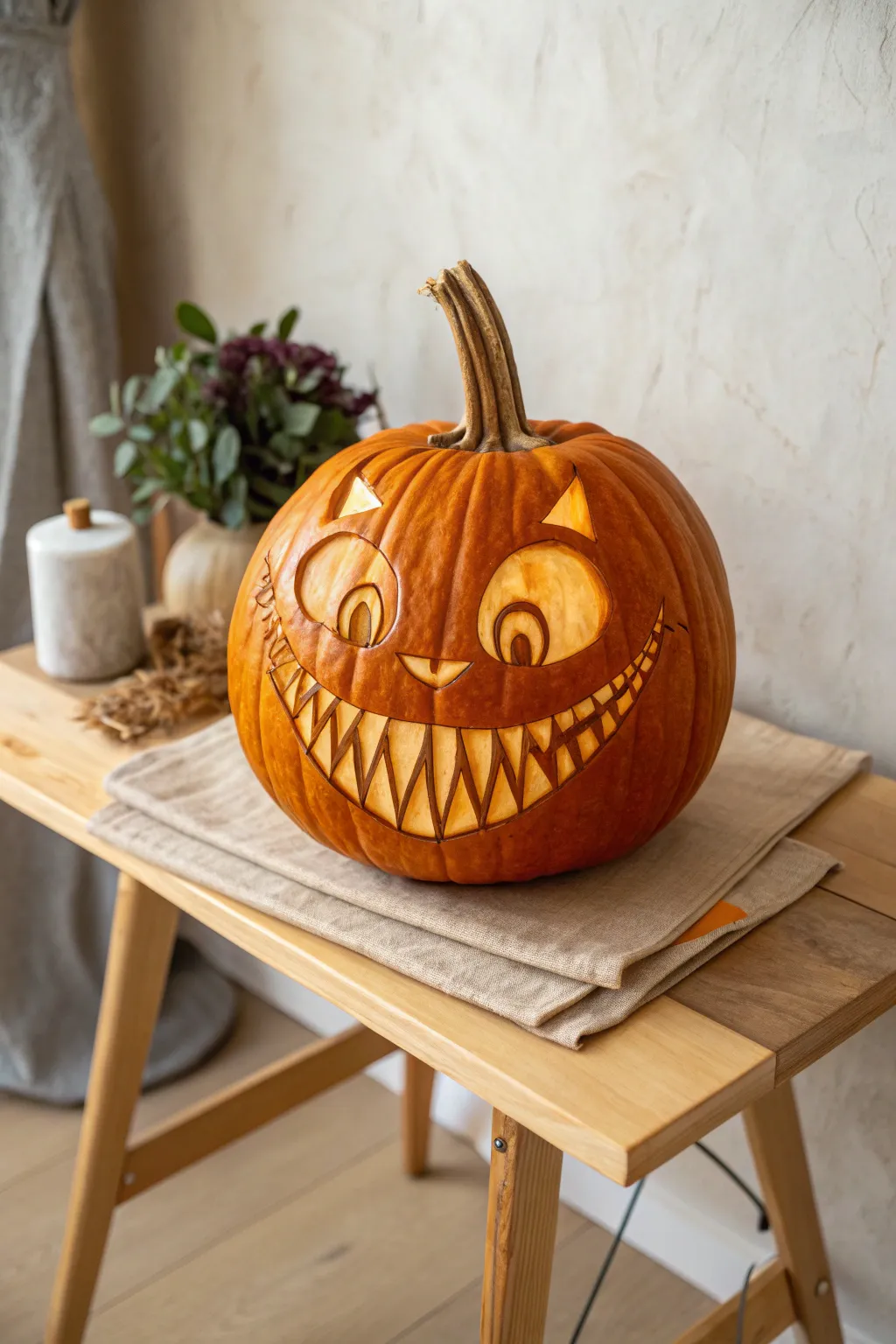Embrace the whimsy with a Cheshire Cat pumpkin that brings a touch of mystery to your Halloween decor.