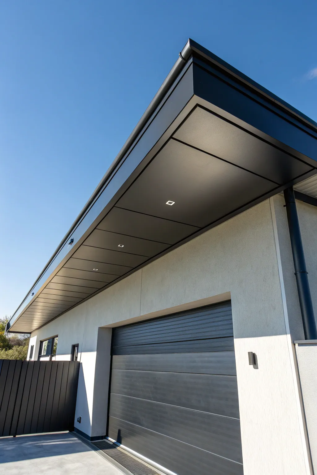 Embrace minimalist elegance with a sleek flat roof overhang.