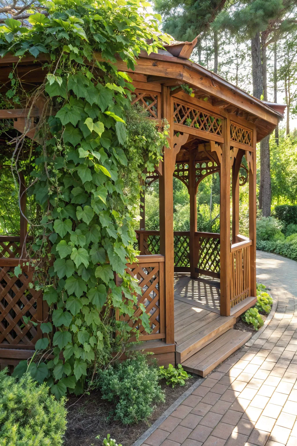 Transform your gazebo into a private oasis with lush greenery and vines that offer both beauty and seclusion.