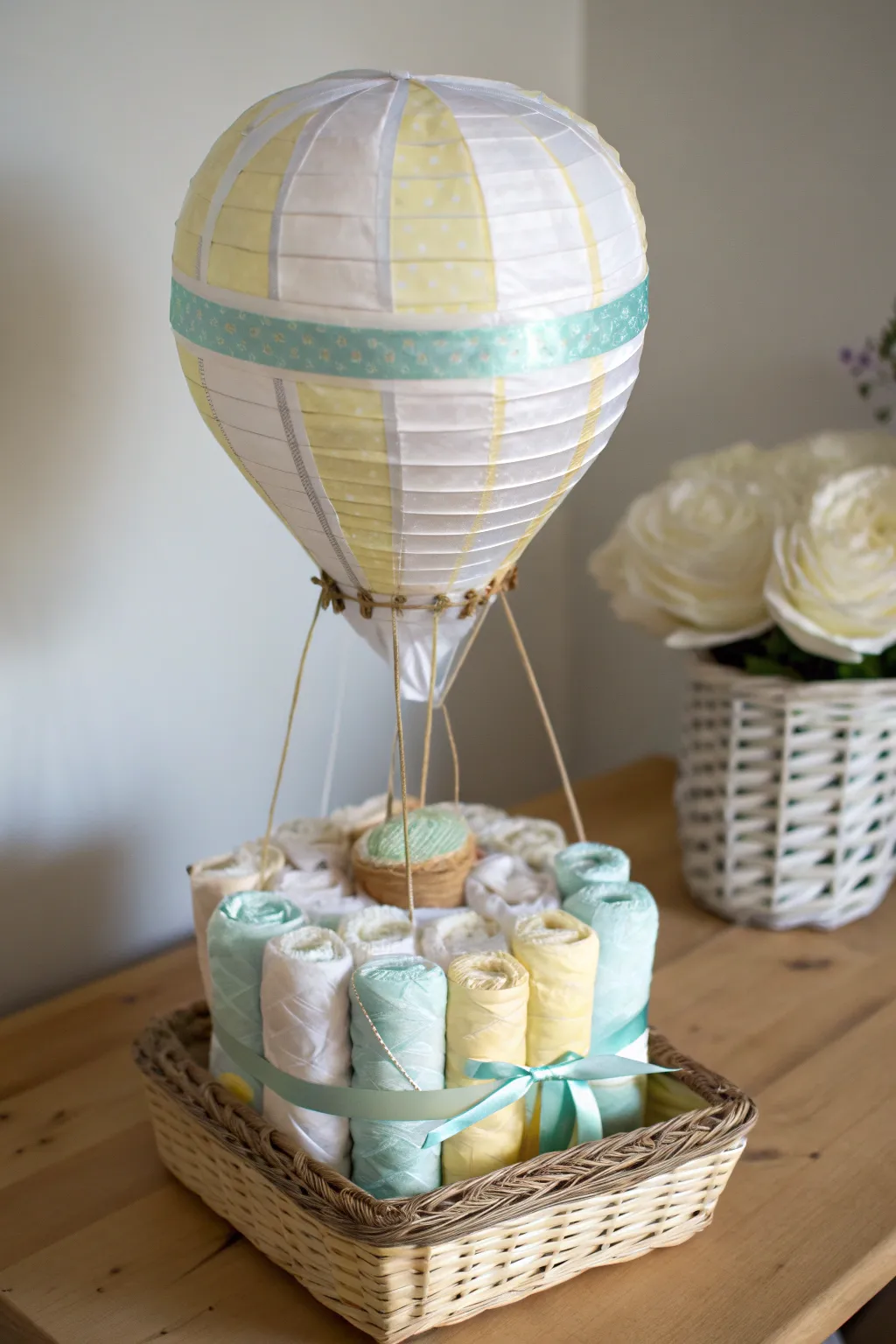 Adventure Awaits: Elevate their spirits with this charming hot air balloon diaper cake!