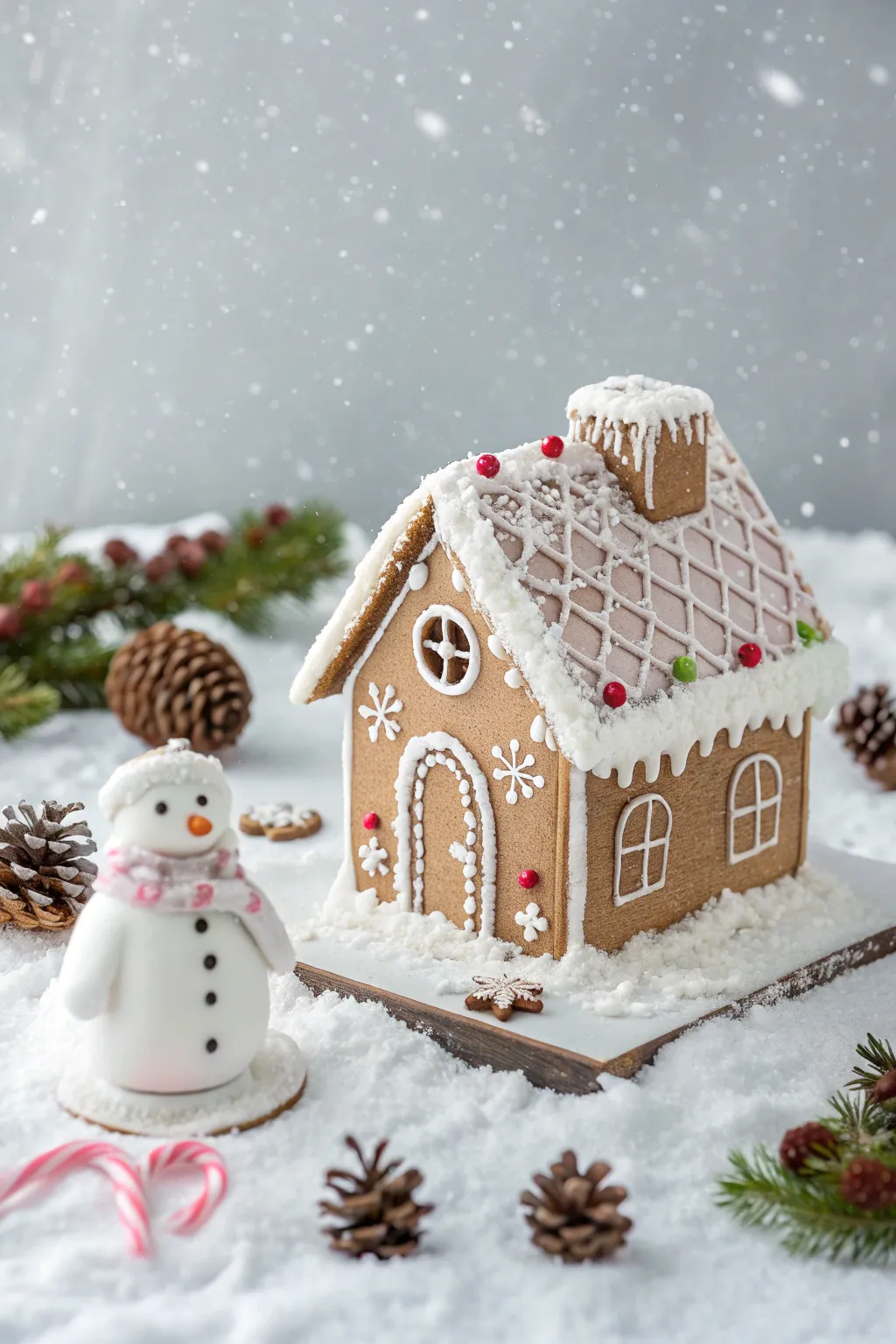 Escape to a Winter Wonderland with this charming gingerbread house scene, where minimalist beauty meets bold, festive colors.
