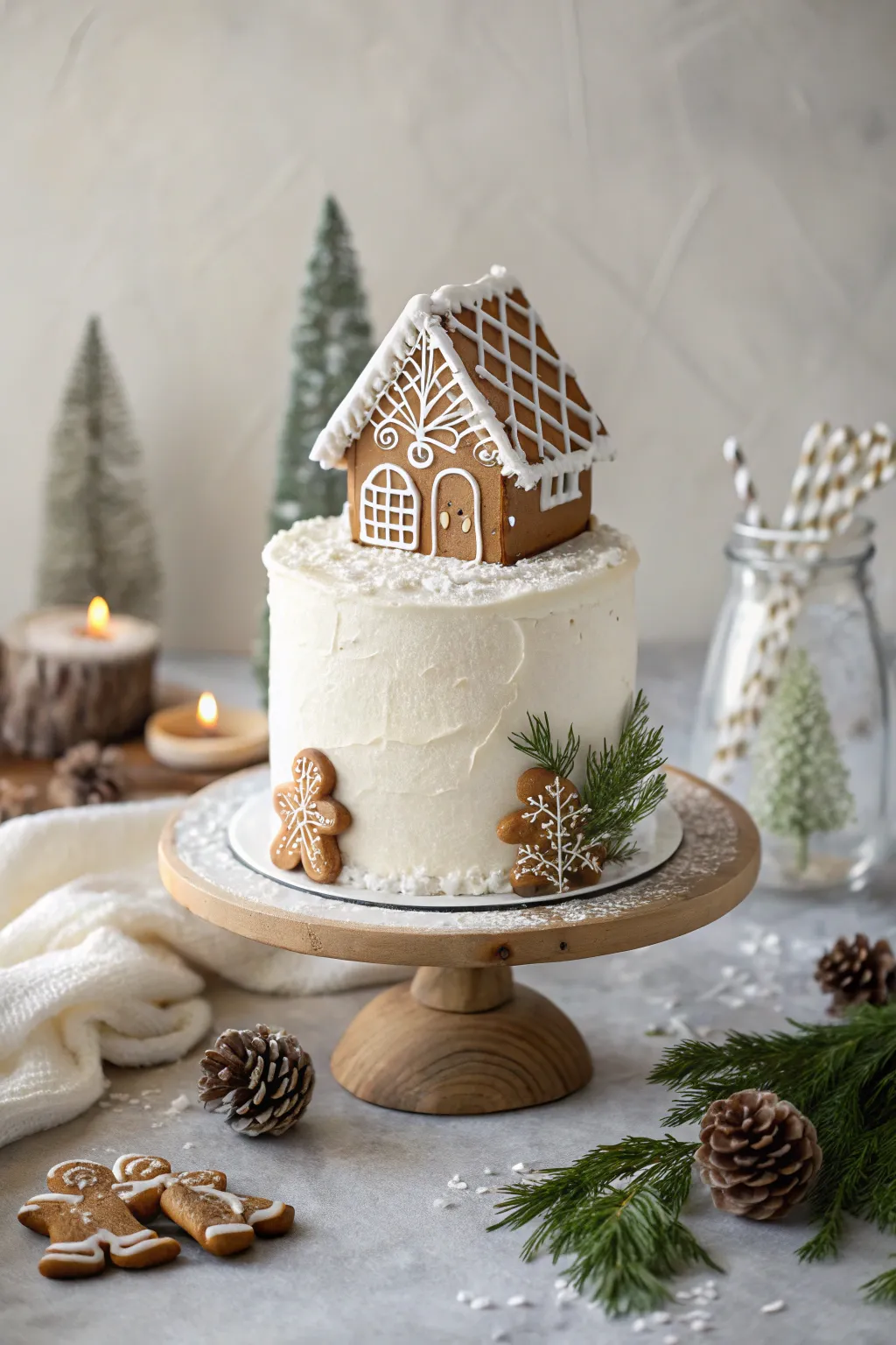 Add a whimsical touch to your festive table with a gingerbread house cake, where simplicity meets artistry.