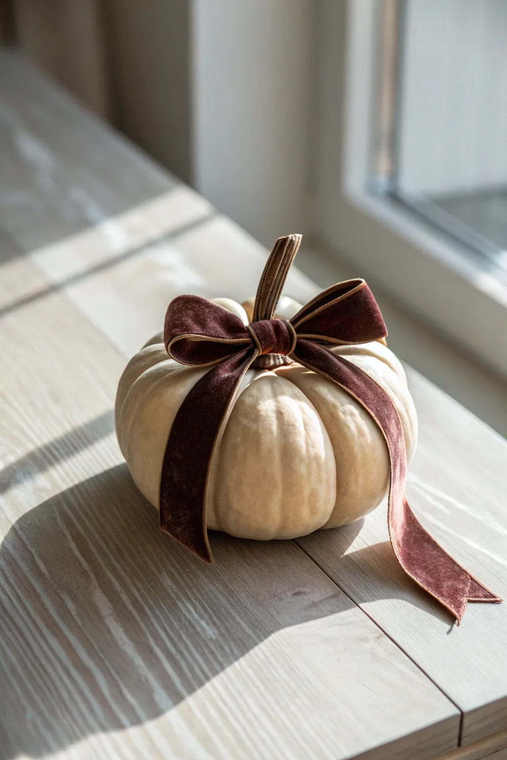 Elevate your autumn decor with a touch of elegance: a velvet-bowed pumpkin that promises timeless charm and simplicity.
