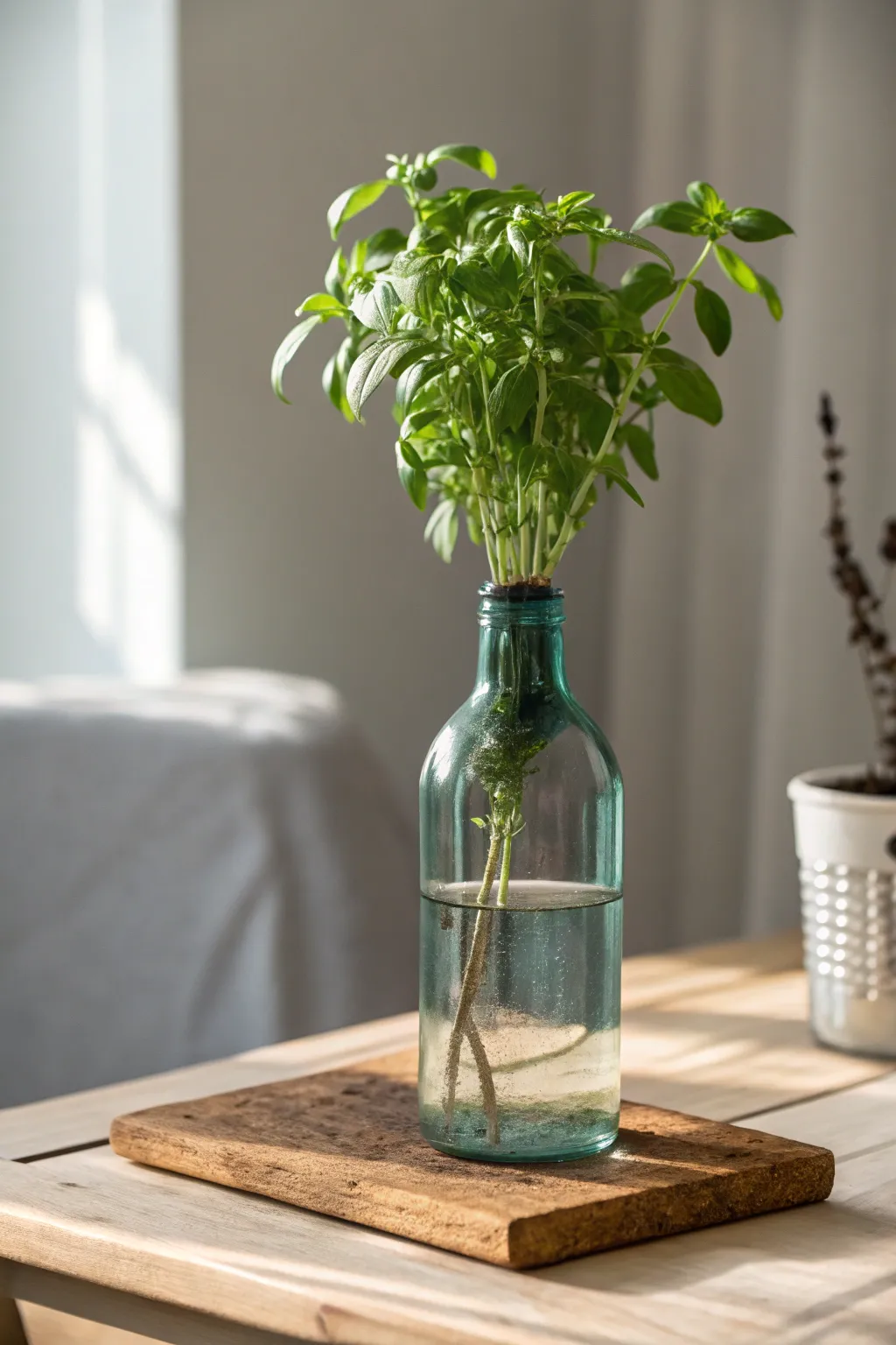 Sustainable elegance: Transform glass bottles into chic self-watering planters for your herbs. #CraftedWithCare