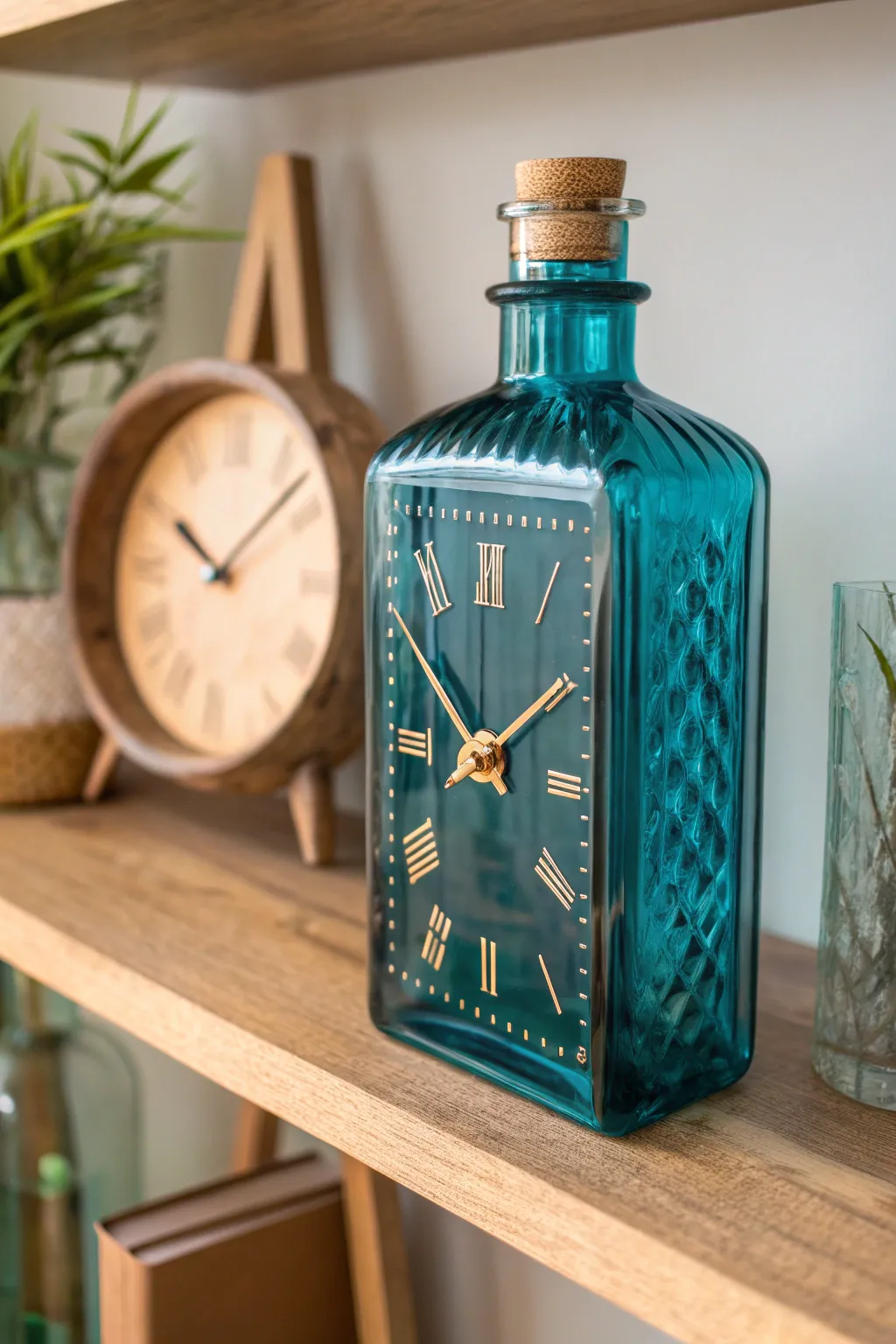 Time stands still in elegance: A minimalist clock born from a vibrant glass bottle, perfect for adding a touch of artistic flair to your space.