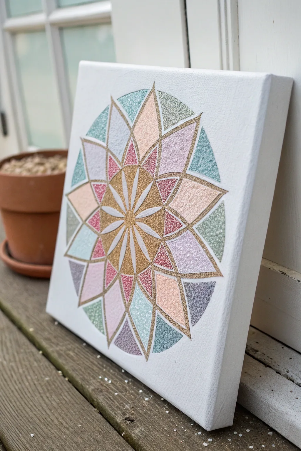 Add a touch of sparkle to your decor with this stunning geometric glitter masterpiece.