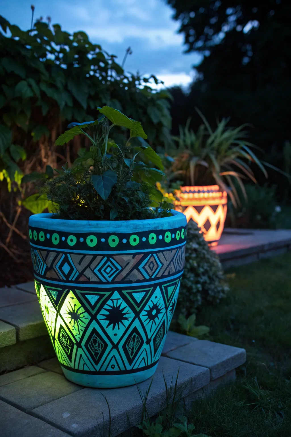 Illuminate your garden with mystical planters that glow with vibrant life, even after dusk falls.