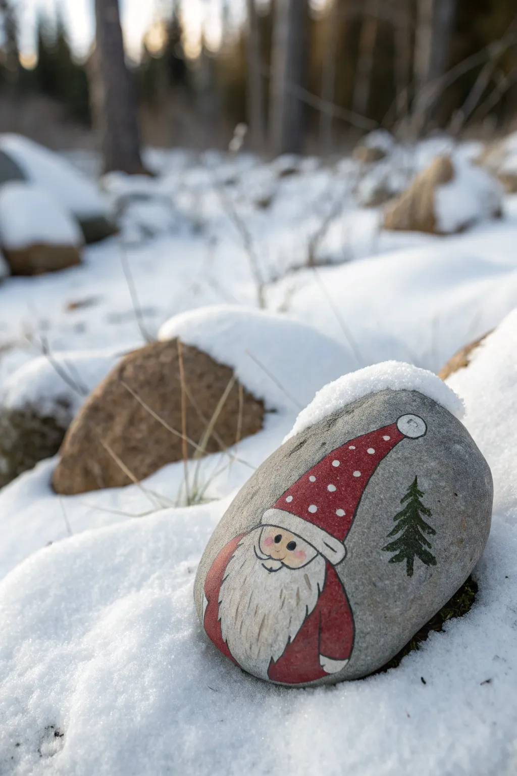Embrace the festive season with a touch of Scandinavian charm: a beautifully painted Christmas gnome rock.
