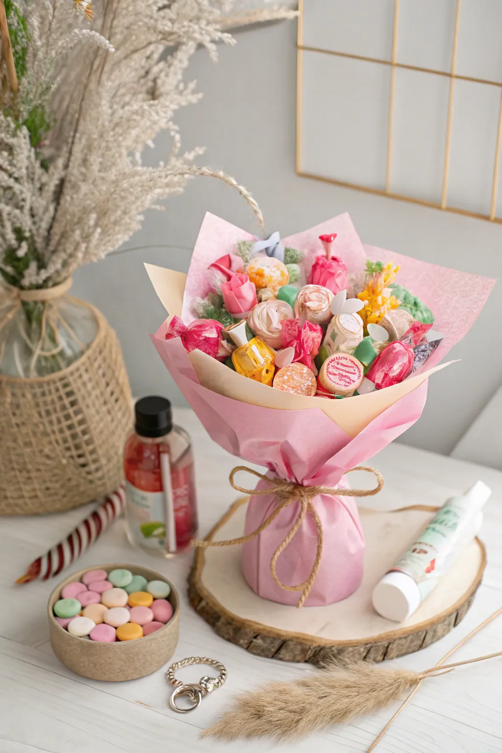 Sweet success! Celebrate graduation with a chic and colorful DIY candy bouquet centerpiece. 🎓🍬 #GraduationCrafts #ScandiBohoStyle
