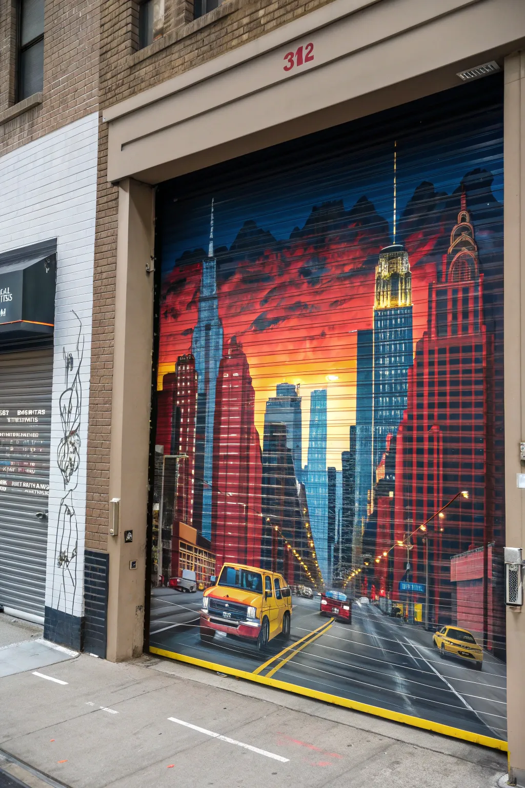 Transform your space with urban flair: a cityscape stencil on a garage door.