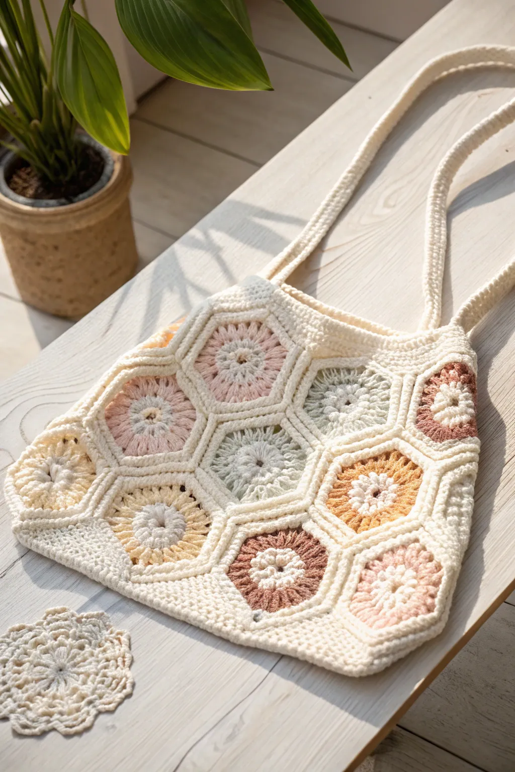 Elevate your style with the Hexagon Fusion Bag – where Scandinavian simplicity meets Boho charm in a crochet masterpiece.