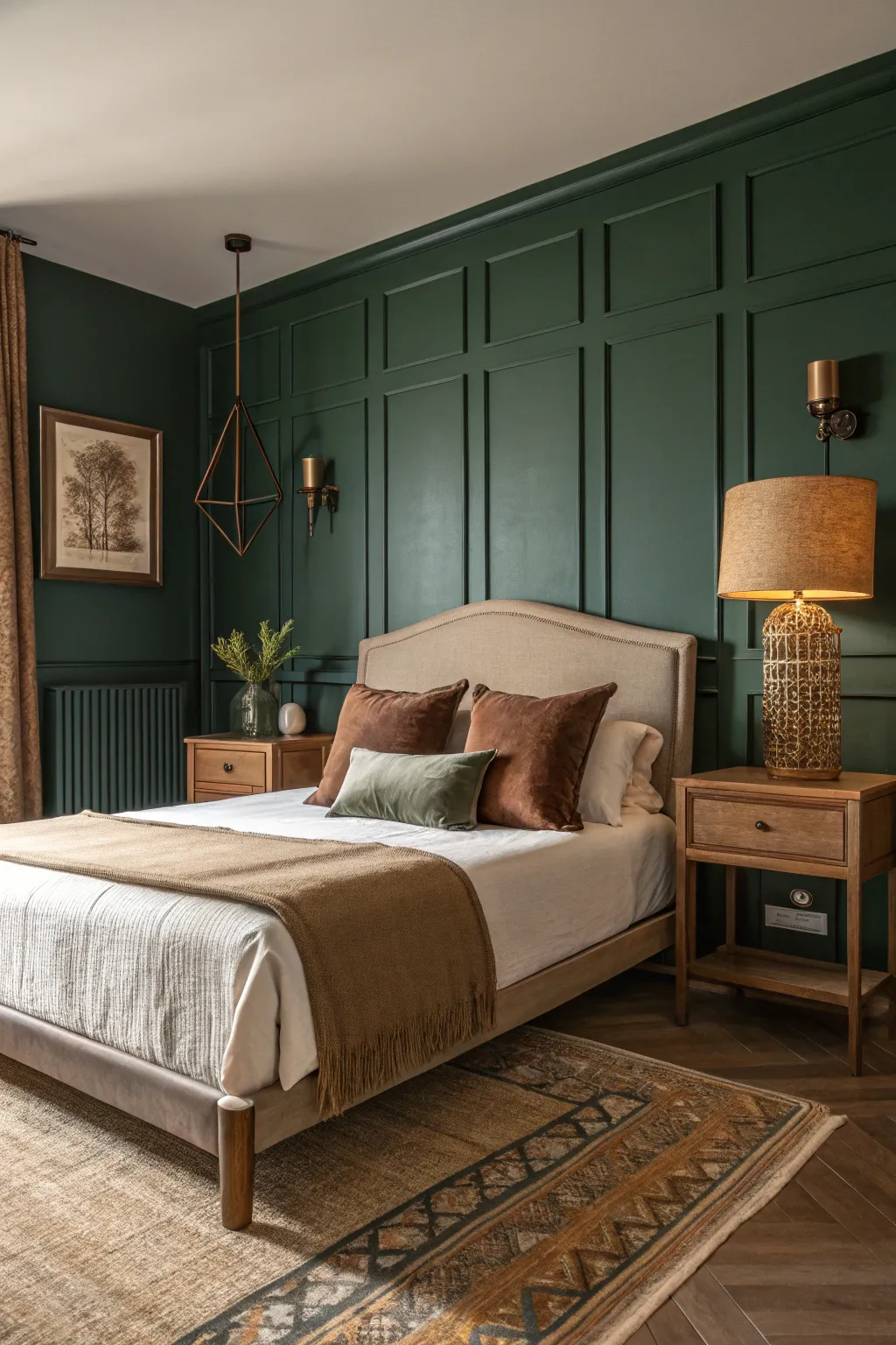 A striking green accent wall for a bold and stylish bedroom.