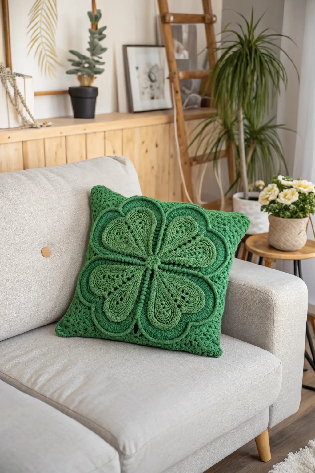 Add a touch of luck and warmth to your space with this charming shamrock pillow, where craftsmanship meets natural beauty.