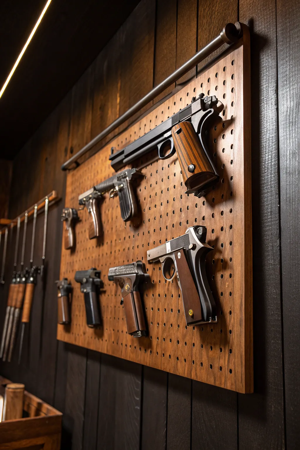 Showcase your collection with elegance and ease using a wall-mounted peg system.