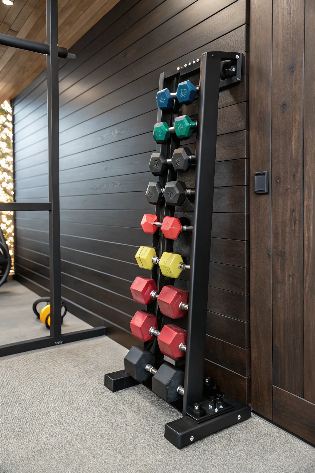 Maximize your gym space with a sleek vertical dumbbell rack—where form meets function in bold style.