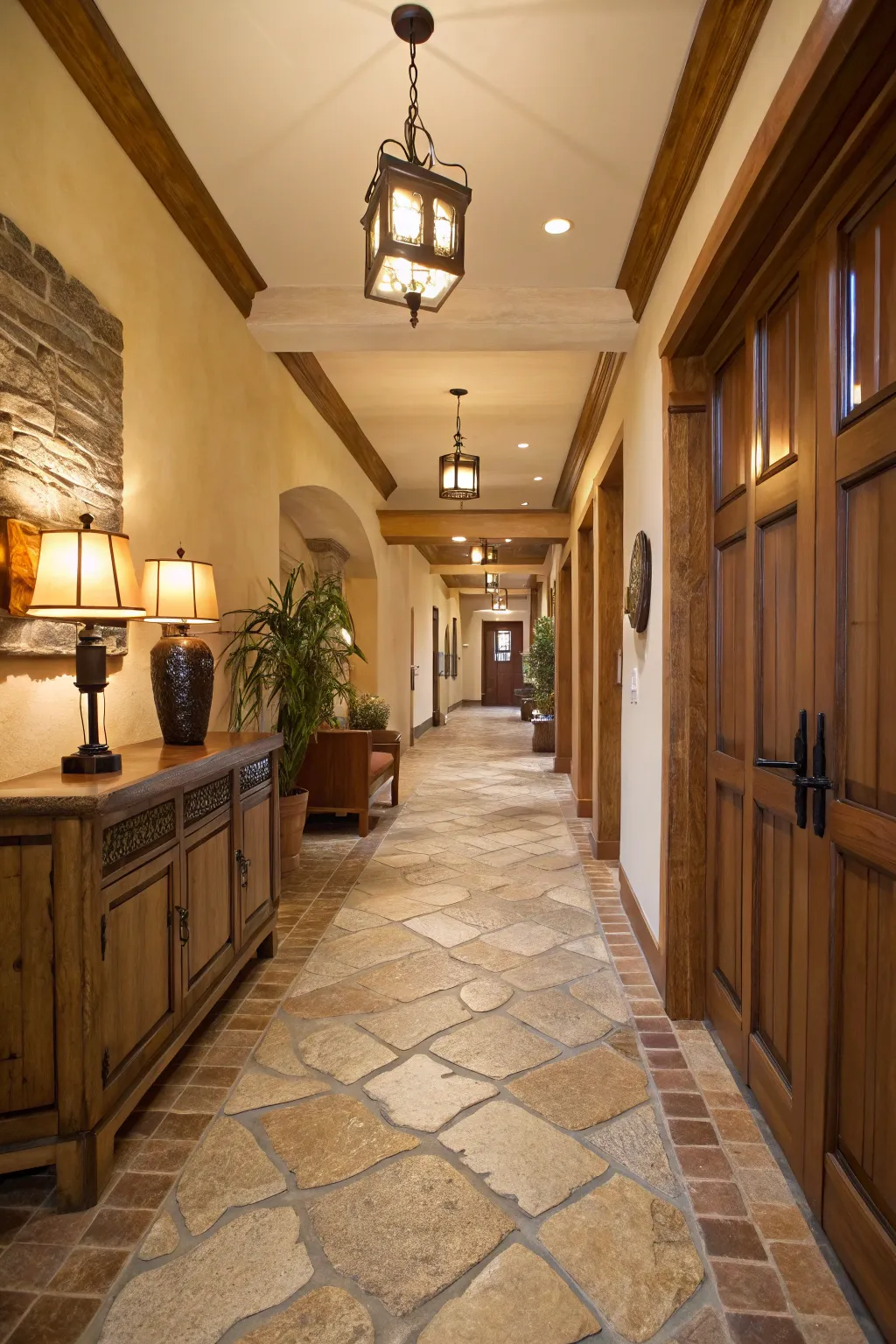 Natural stone tiles bring a rustic charm.