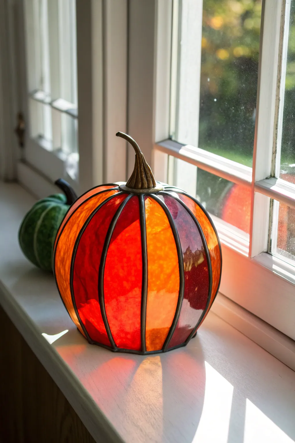 Bring a burst of autumnal glow into your home with this stunning stained glass pumpkin, perfect for a touch of colorful elegance.