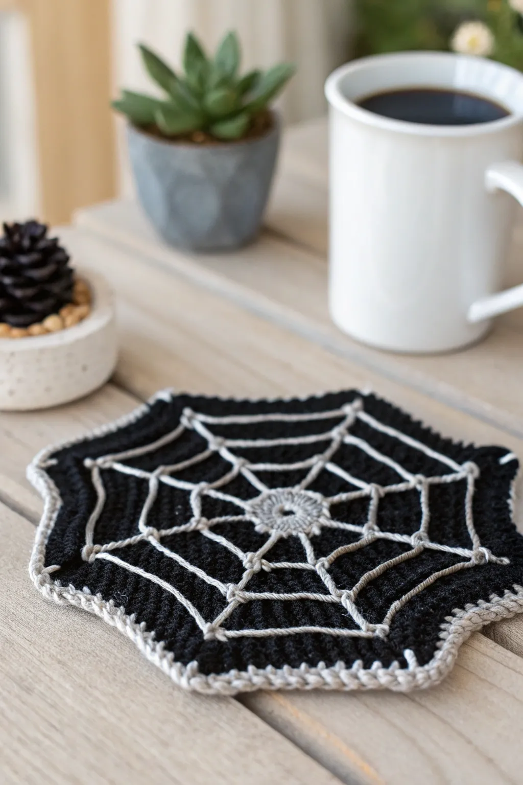 Elevate your Halloween decor with these chic crochet spider web coasters – where simplicity meets spooky elegance.