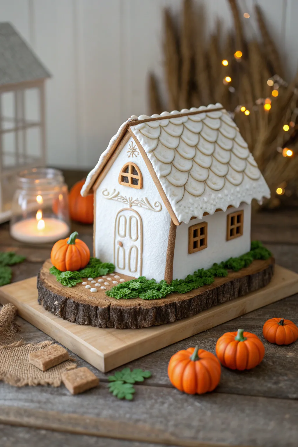 Craft your own Halloween magic with these charming jack-o'-lantern accents on a minimalist gingerbread house.