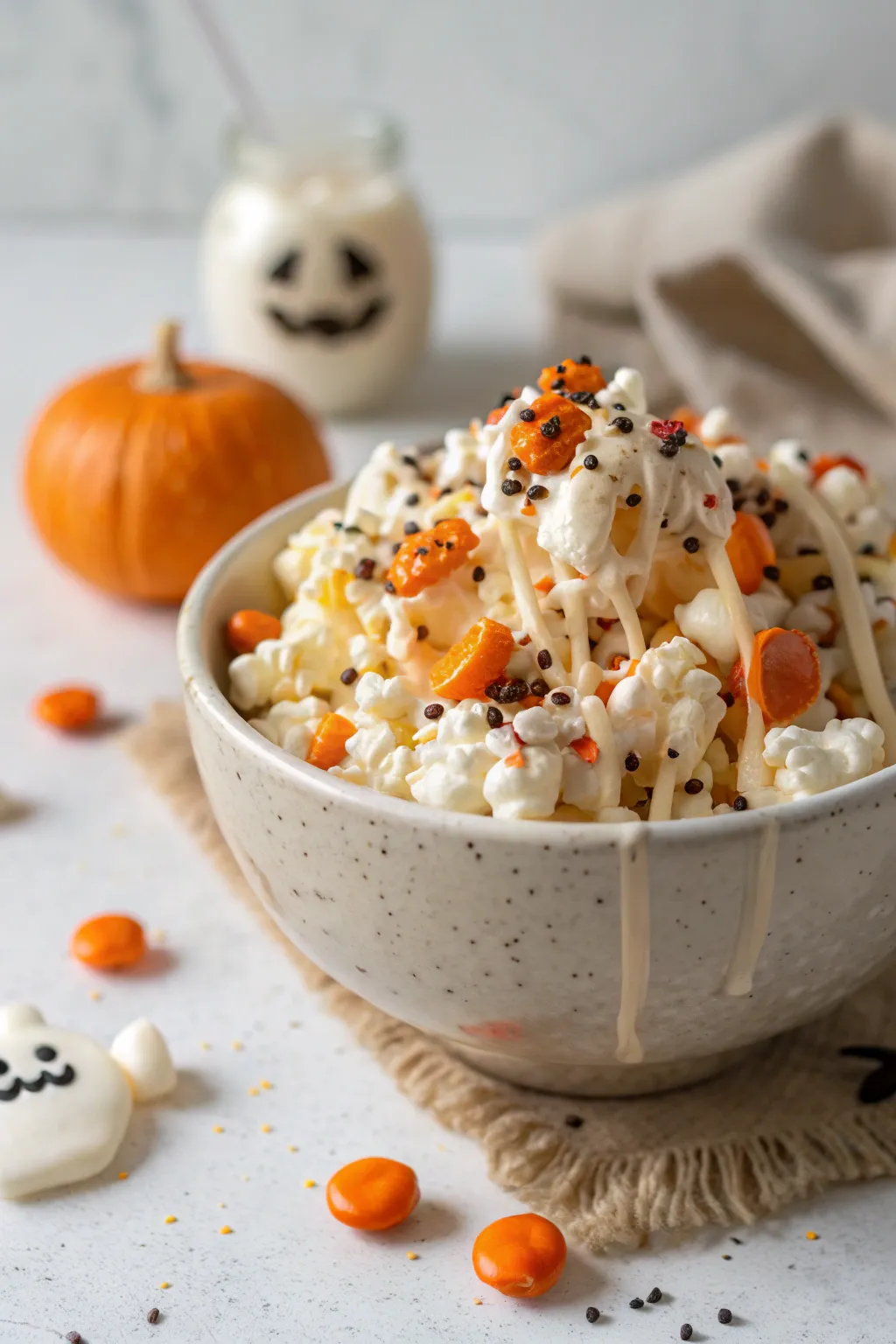 Indulge in a spooky yet sophisticated treat with our White Chocolate Drizzle Popcorn - the perfect blend of crunch and creamy sweetness for your Halloween festivities.