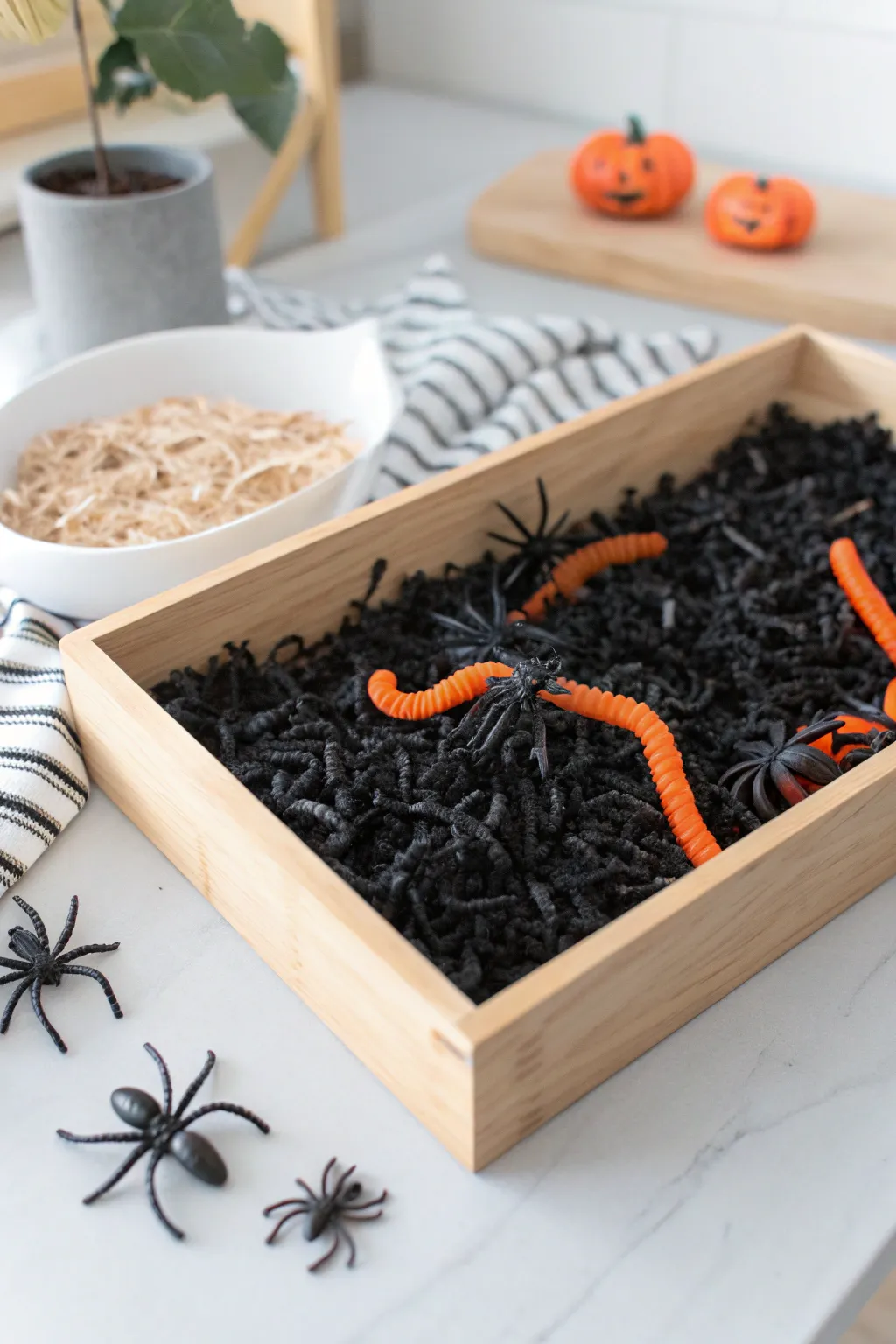 Dive into the spooktacular charm of Halloween with our Creepy Crawly Crinkle Paper sensory bin, where minimalist elegance meets playful fright!