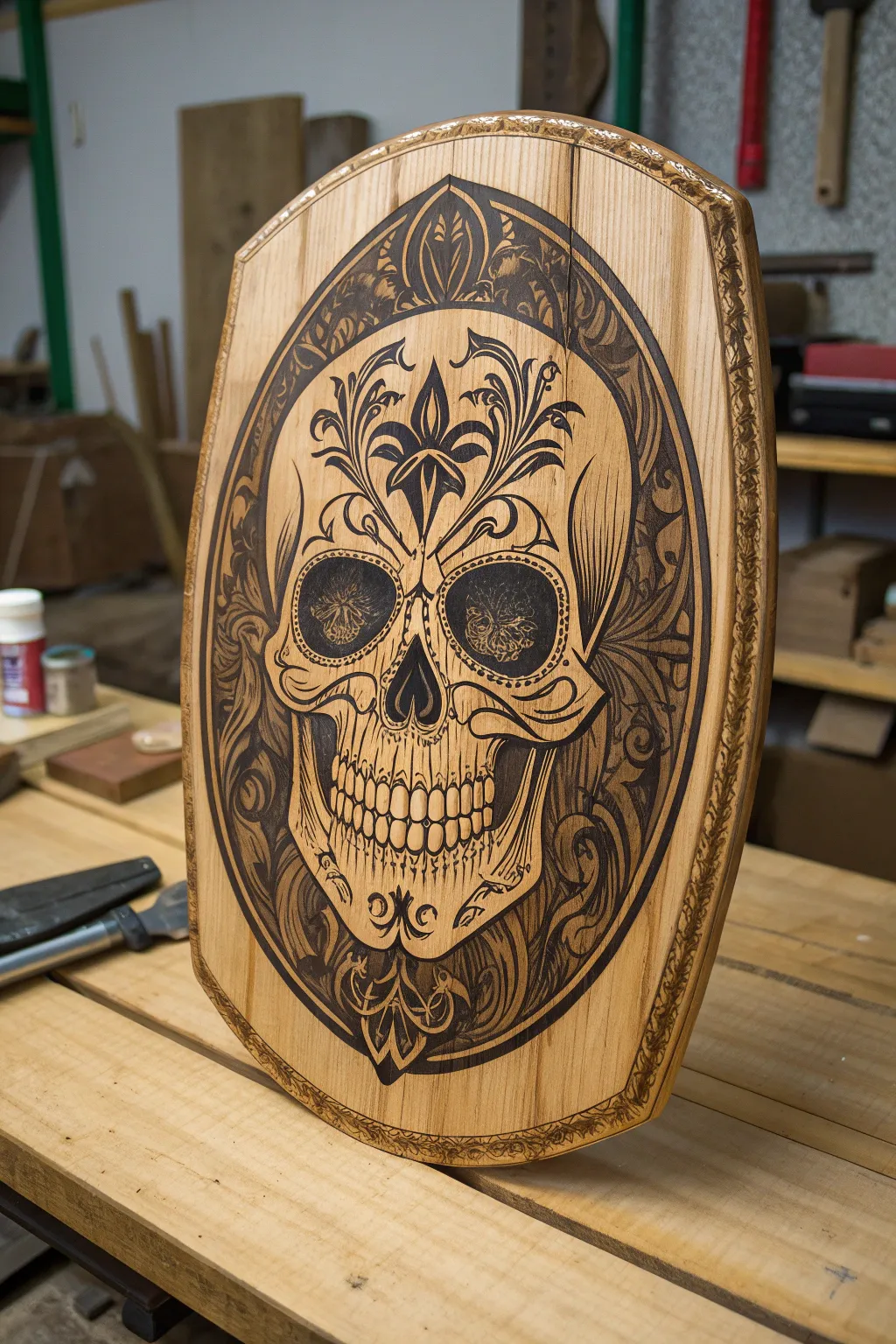 Elevate your Halloween decor with this stunning wood-burned skull masterpiece, a testament to craftsmanship and creativity.