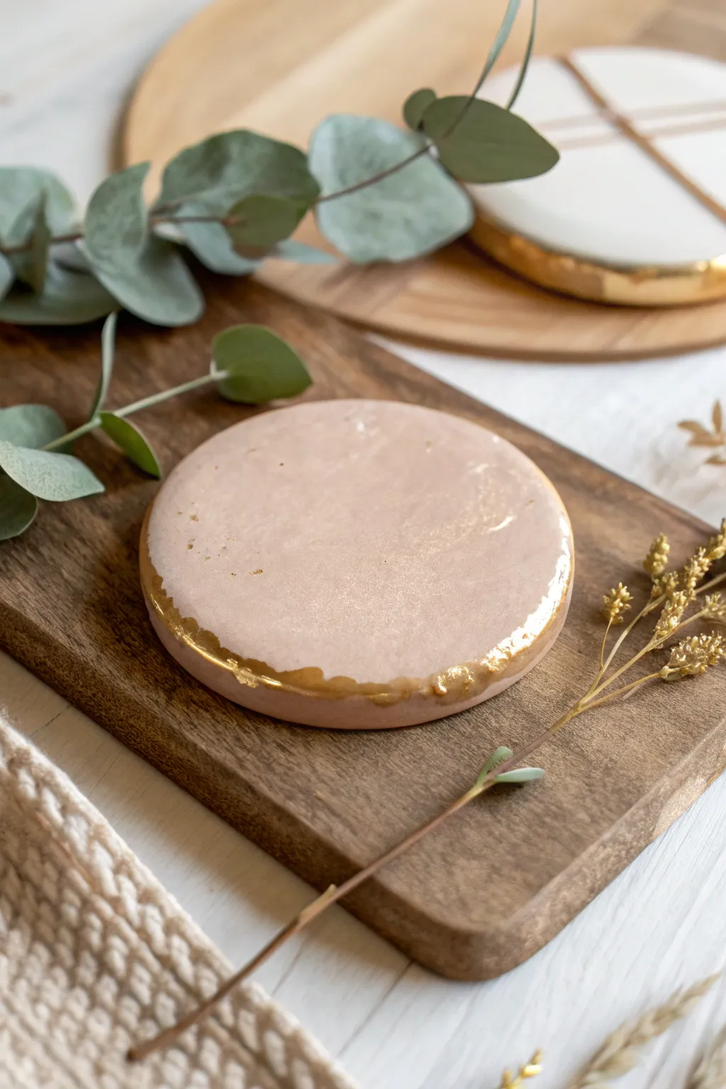 Elevate your table setting with this chic clay coaster adorned with gold accents. #HandcraftedElegance