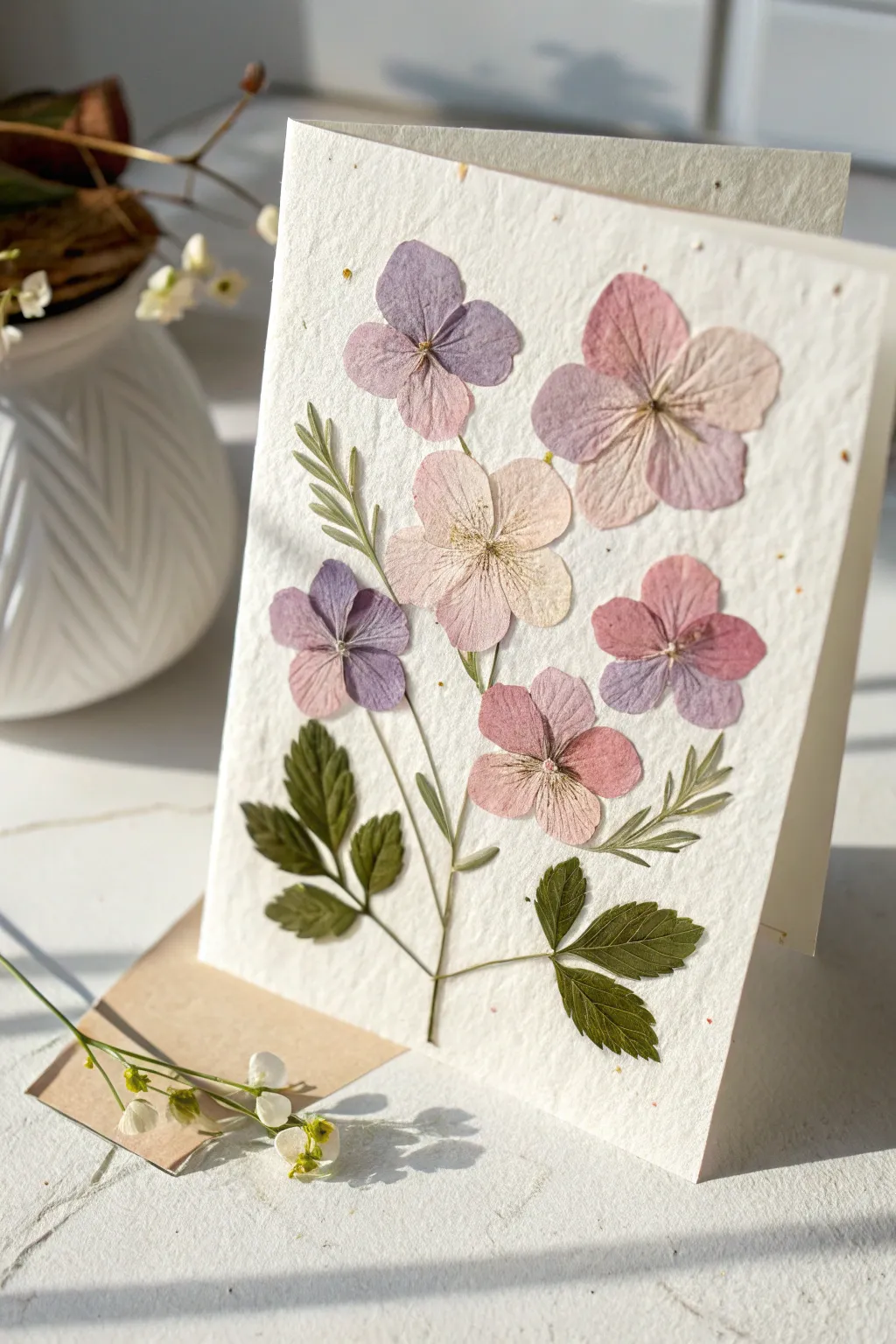 Embrace natural elegance with a handmade love card adorned with pressed flowers, perfect for expressing heartfelt sentiments.