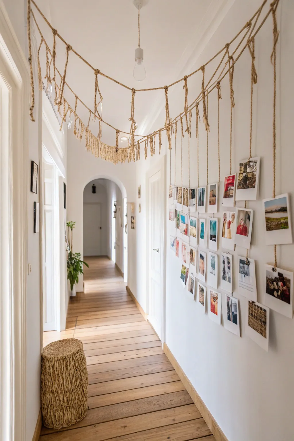 Transform your hallway into a vibrant memory lane with vertical cascades of photos, blending Scandinavian simplicity with Boho charm.