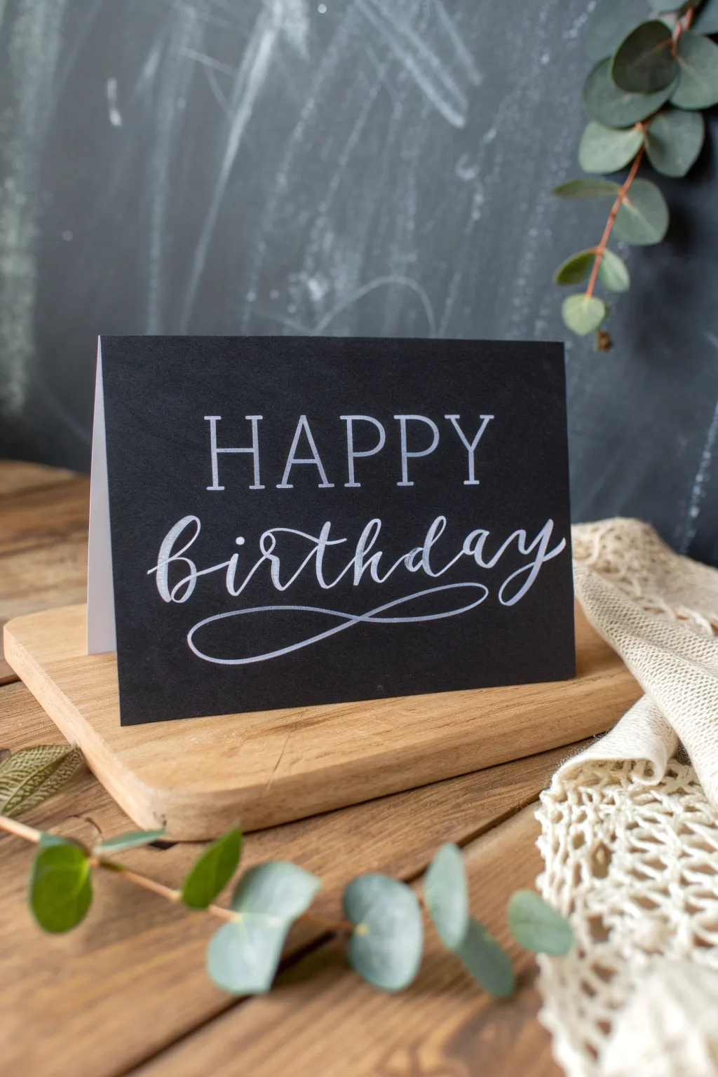Embrace rustic elegance with this charming chalkboard-style birthday card, where simplicity meets craftsmanship.
