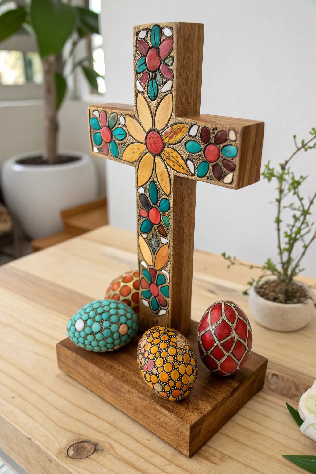 Celebrate transformation with this vibrant eggshell mosaic cross, where simplicity meets bold beauty.