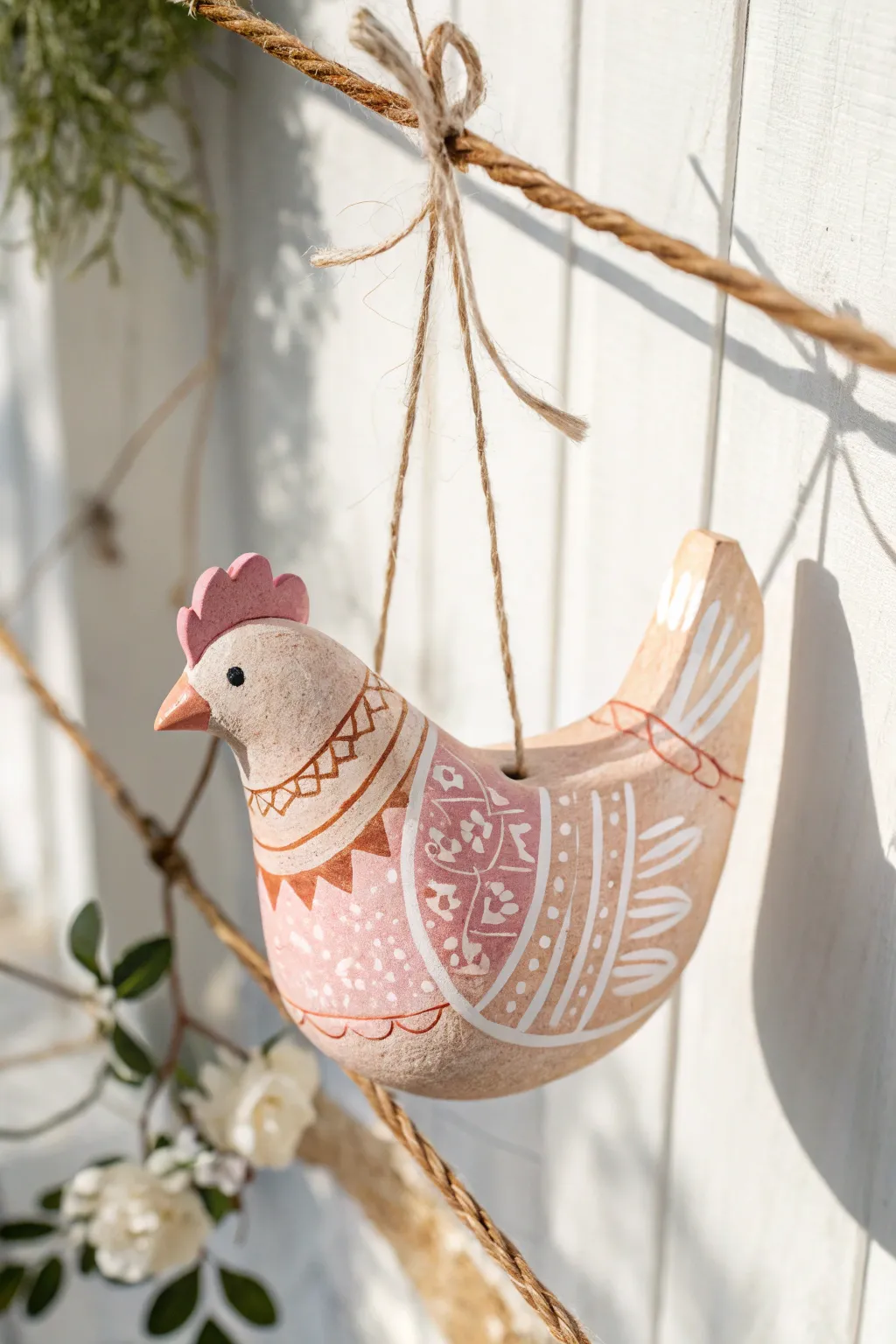 Add a whimsical touch to your space with charming hanging hen decorations.
