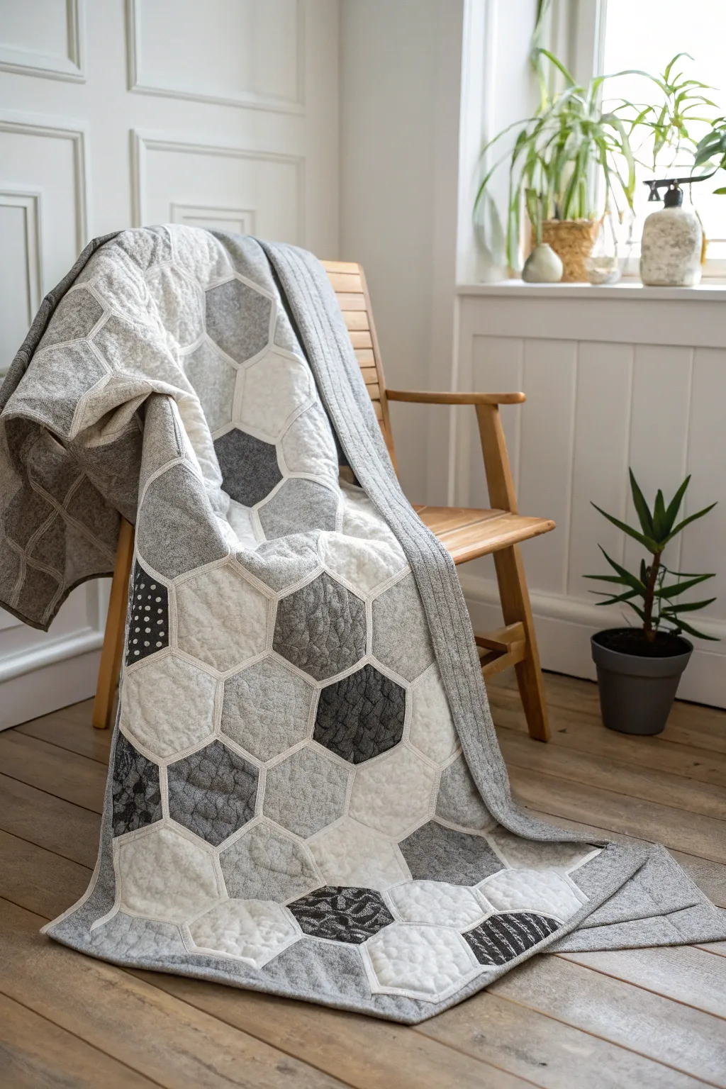 Elevate your space with the timeless elegance of a monochrome hexagon quilt.
