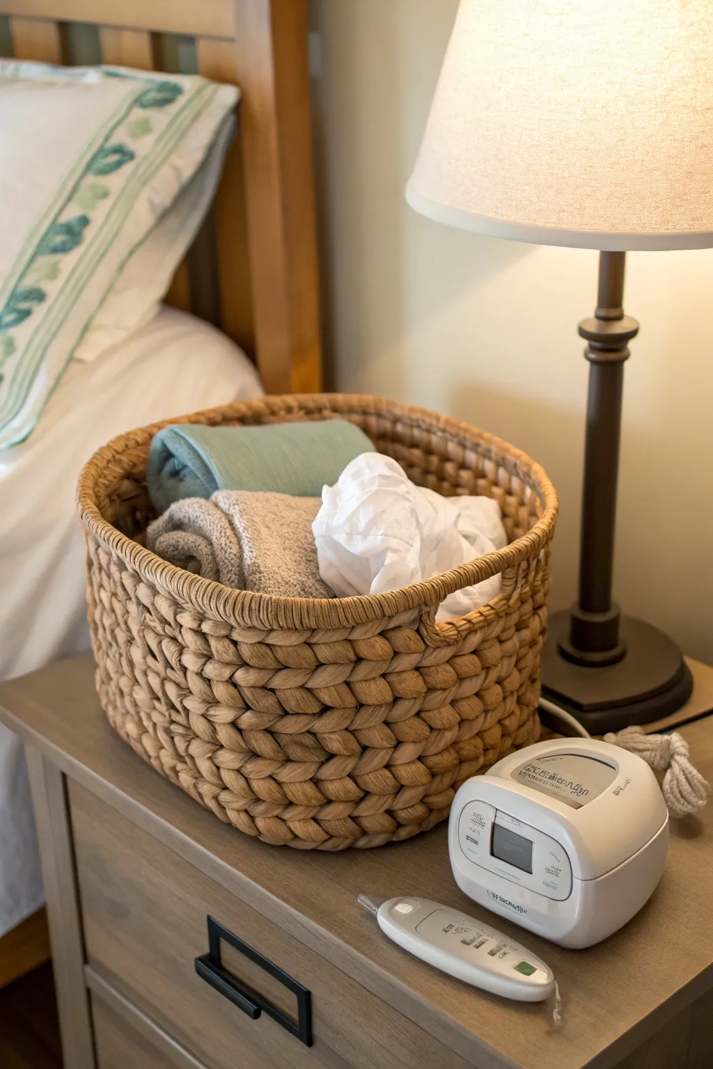 A decorative basket doubles as a clever CPAP storage solution.